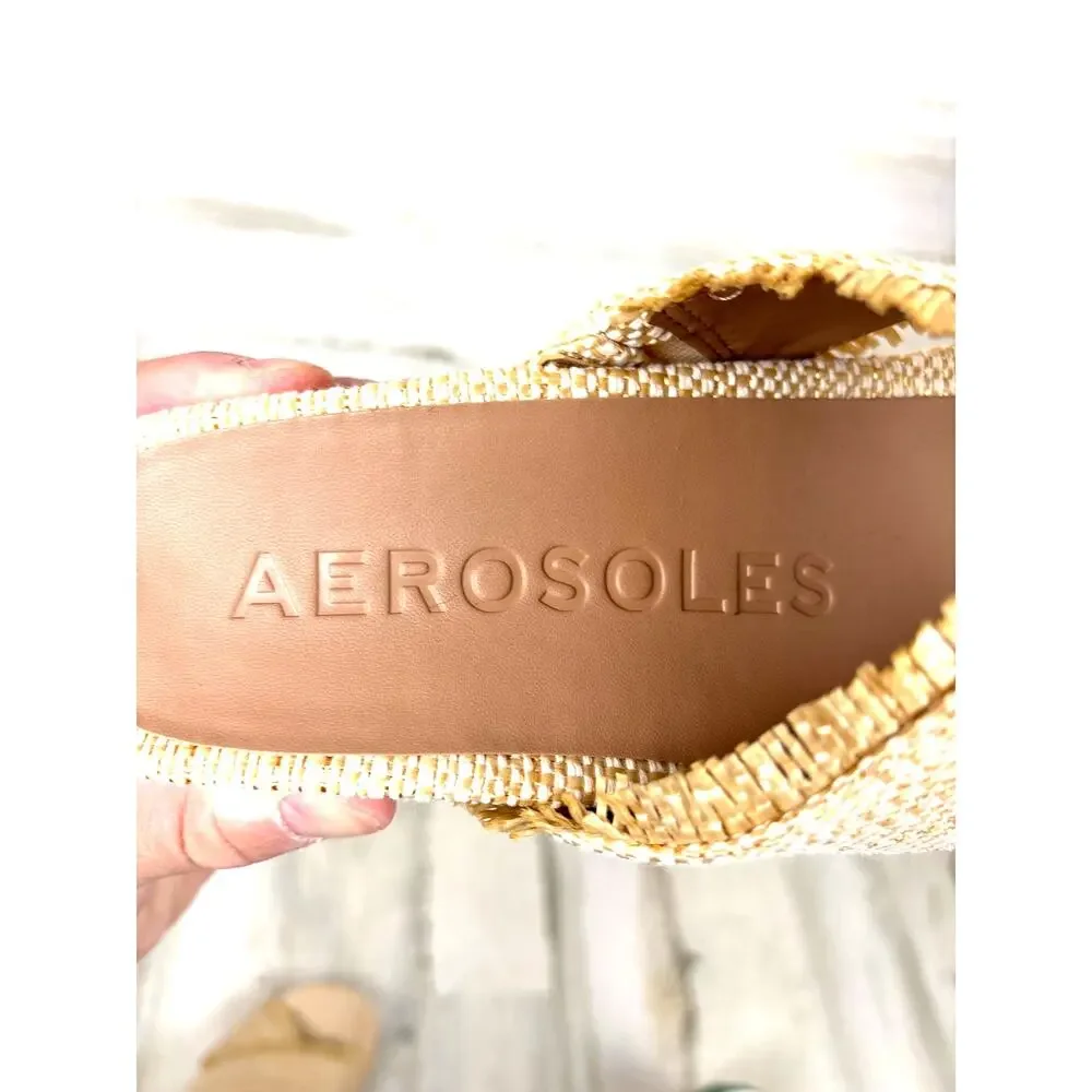 Aerosoles Womens 9.5 Tan Madina Crisscross Raffia Wedge Heel Summer Sandal NEW